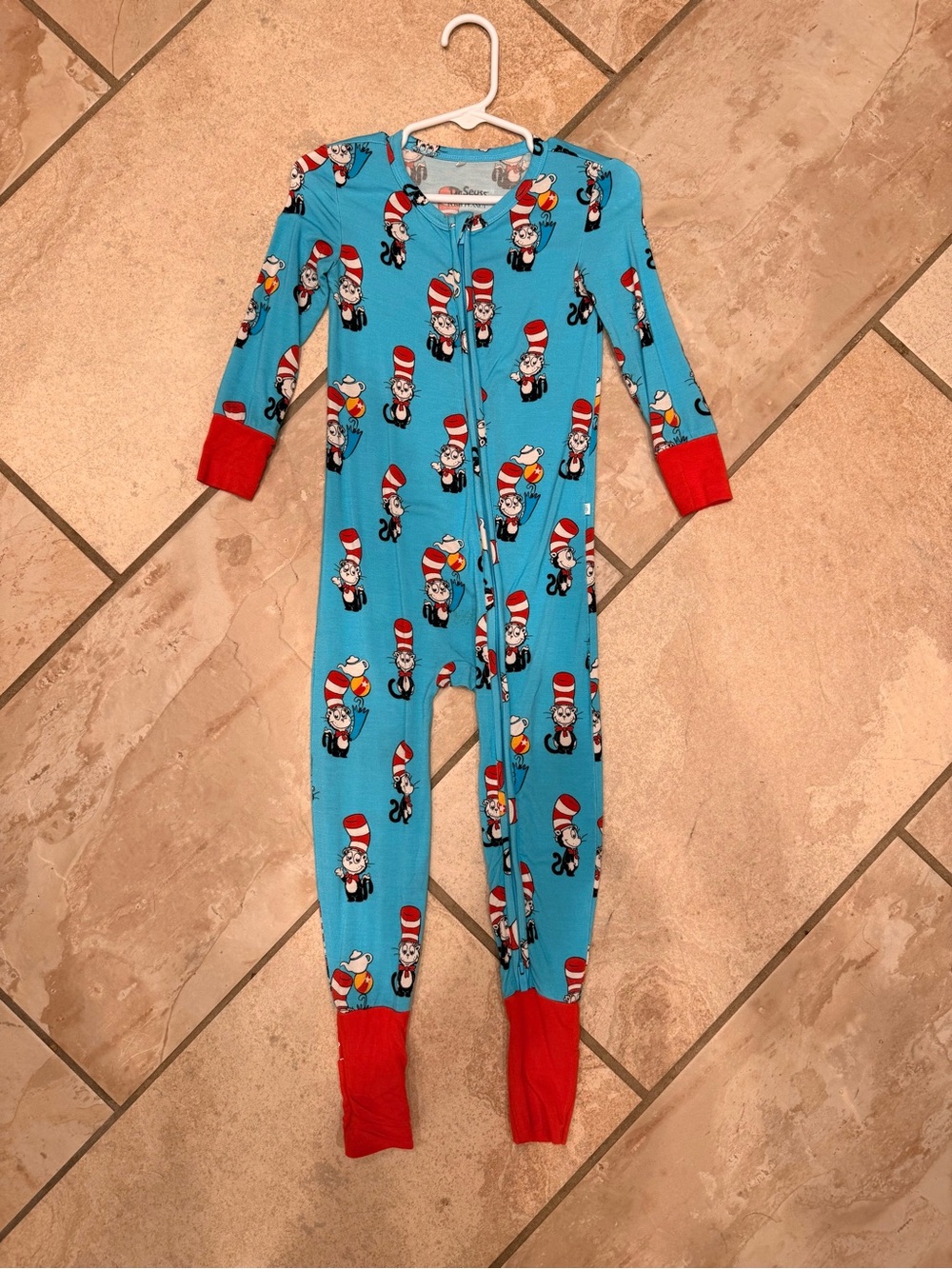 Posh Peanut Blue One-Piece Footie Pajamas with Red Cuffs - Cat in the Hat Print